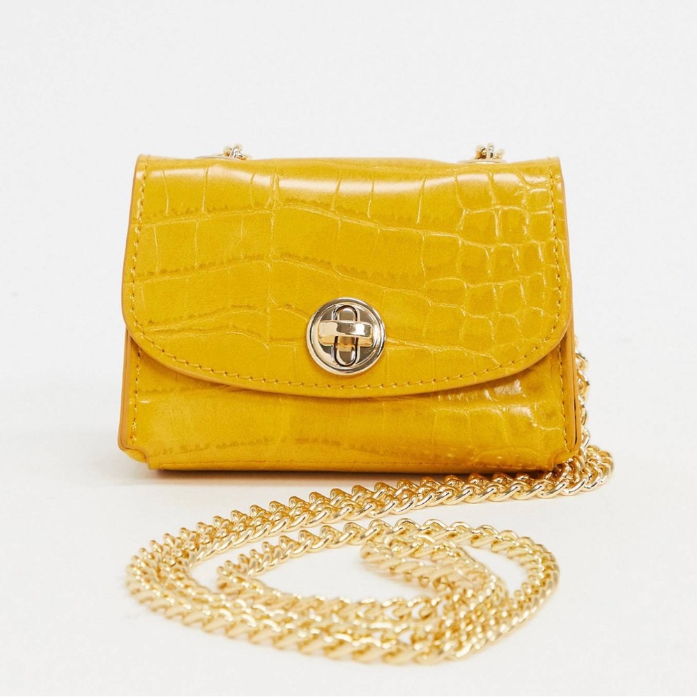 Micro yellow patent vegan leather crossbody bag
